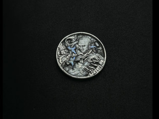 hobo nickel coin carving. Robot and Floral